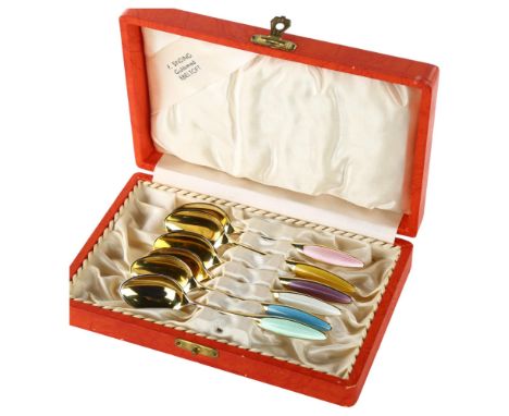 FRIGAST - a set of 6 Danish vermeil sterling silver and harlequin enamel coffee spoons, length 9.5cmNo damage or repair, no e