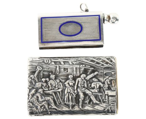 An Art Deco German silver pocket lighter, and a Scandinavian silver Vesta case, largest length 6cm (2)Blue enamel has 1 minor