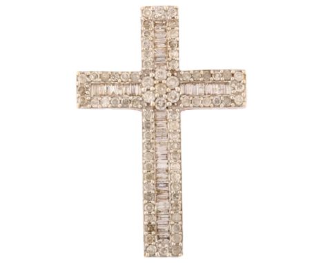 A modern 9ct gold diamond cross pendant, set with modern round brilliant baguette and single-cut diamonds, total diamond cont