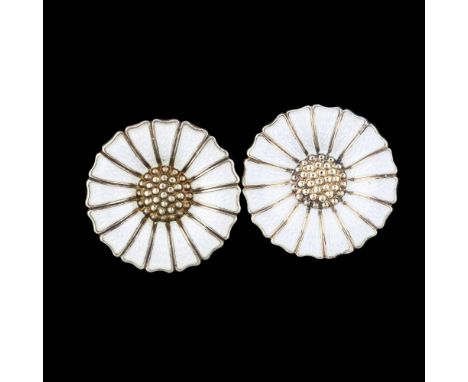 ANTON MICHELSEN - a pair of Danish vermeil sterling silver and white enamel daisy pattern clip-on earrings, diameter 18mm, 7g