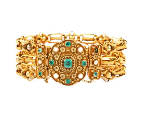 A 19th century Georgian emerald and pearl bracelet, unmarked gold settings, with a central chased and applied flowerhead and 