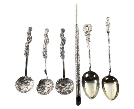 Various Chinese silver, including bamboo dip pen, dragon spoon etc, pen length 16cmNo damage or repairs, only general surface