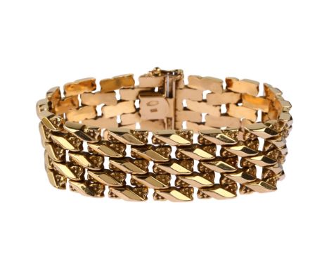 A Continental 18ct gold floral brick link bracelet, length 19.5cm, 44gNo damage or repair, a few very minor dents on backing,