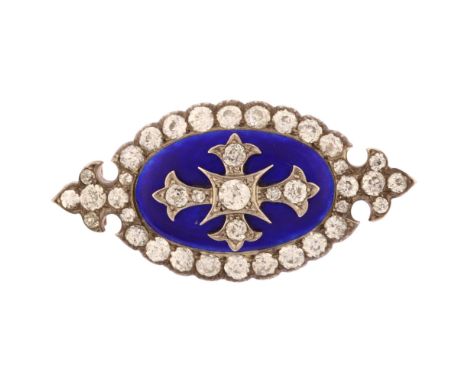 A Georgian Royal blue enamel and diamond cluster oval brooch, central engine turned guilloche enamel panel with old European-