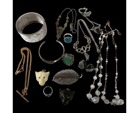 Various jewellery, including gold plated Albert chain, silver marcasite necklace, filigree leaf brooch, silver hinged bangle 