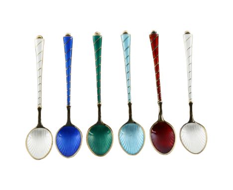 EGON LAURIDSEN - a set of 6 Danish vermeil sterling silver and harlequin enamel coffee spoons, with enamelled bowls, length 9