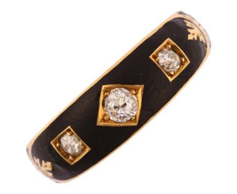 A 19th century 18ct gold three stone black enamel and diamond memorial band ring, set with old European-cut diamonds and "In 