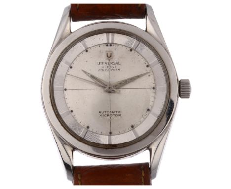 UNIVERSAL GENEVE - a Vintage stainless steel Polerouter Microtor automatic wristwatch, silvered crosshair dial with tapered b