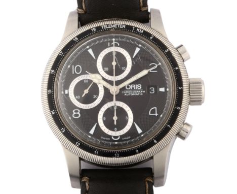 ORIS - a stainless steel Big Crown Telemeter automatic chronograph wristwatch, ref. 7569, engine turned black dial with 3 sub