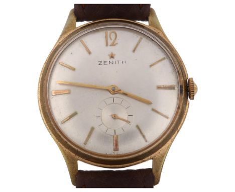 ZENITH - a gold plate stainless steel mechanical wristwatch, silvered dial with gilt baton hour markers and subsidiary second