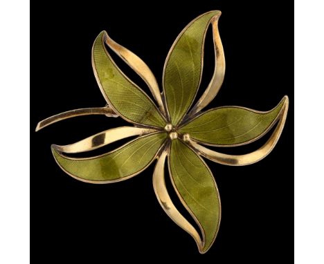 HROAR PRYDZ - a large Norwegian vermeil sterling silver and green enamel flowerhead brooch, length 64.3mm, 16.1g1 petal has s