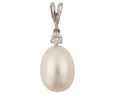 A modern cultured pearl and diamond drop pendant, unmarked white metal settings with 0.05ct modern round brilliant-cut diamon