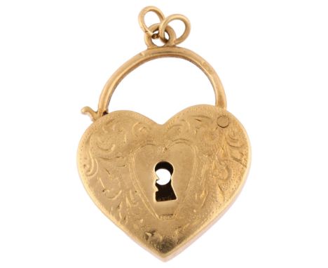 A 9ct gold heart padlock clasp/pendant, possibly Antique and re-hallmarked, engraved foliate and heart decoration, hallmarks 