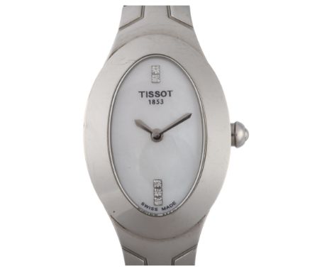 TISSOT - a lady's stainless steel T-Trend Oval quartz bracelet watch, ref. L720, mother-of-pearl dial with diamond hour marke