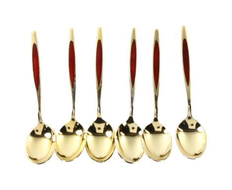 MEKA - a set of 6 Danish vermeil sterling silver and red enamel coffee spoons, length 9cmNo damage or repair, no enamel loss,