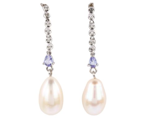 A pair of cultured pearl iolite and diamond drop earrings, with unmarked gold stud fittings, earring height 37.7mm, 3.6gNo da