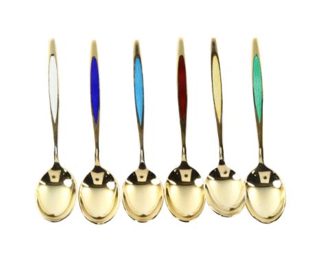 MEKA - a set of 6 Danish vermeil sterling silver and harlequin enamel coffee spoons, length 9cmNo damage or repair, no enamel