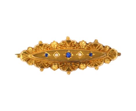 A late Victorian 9ct gold blue paste and pearl Etruscan style brooch, maker's marks C & Co, hallmarks Birmingham 1898, brooch
