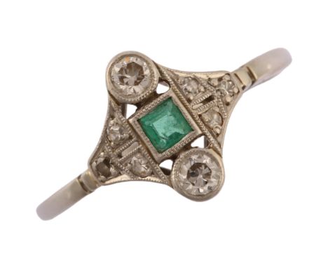 An Art Deco 18ct white gold emerald and diamond panel ring, geometric design set with square step-cut emerald and round-cut d