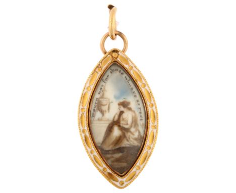 A Georgian navette miniature portrait mourning pendant, unmarked rose gold closed-back settings with miniature sepia watercol