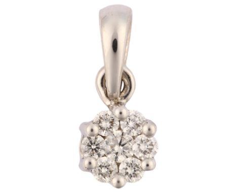 A modern 18ct white gold diamond cluster pendant, prong set with modern round brilliant-cut diamonds, total diamond content a