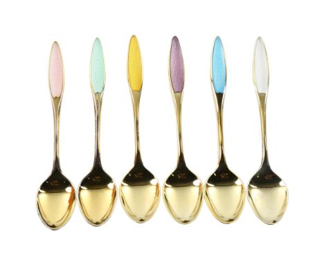 FRIGAST - a set of 6 Danish vermeil sterling silver and harlequin enamel coffee spoons, length 9.5cmNo damage or repair, no e