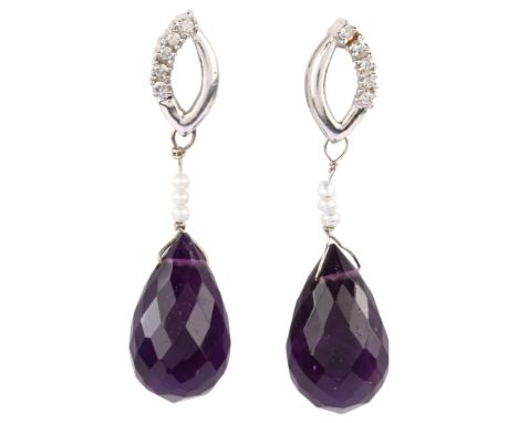 A pair of 9ct white gold amethyst pearl and diamond drop earrings, set with briolette-cut amethyst, earring height 39.6mm, 5.