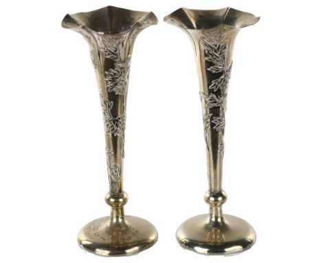 A pair of Chinese export silver bud vases, relief embossed birds in bamboo decoration, by Wang Hing, circa 1900, height 16cm,