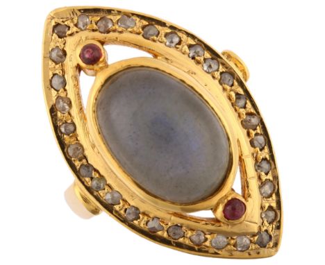 A large modern silver-gilt labradorite ruby and diamond marquise cluster ring, setting height 30.8mm, size Q, 14.8gNo damage 