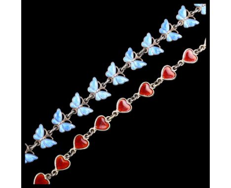 2 Danish sterling silver and enamel panel bracelets, maker's include Volmer Bahner, butterfly and heart design, lengths 15cm 
