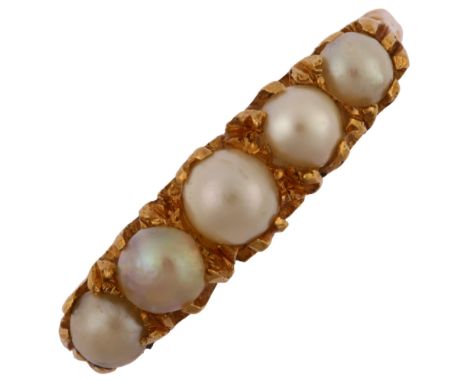 An early 20th century Scottish 18ct gold graduated five stone pearl half hoop ring, hallmarks Glasgow 1913, setting height 4.