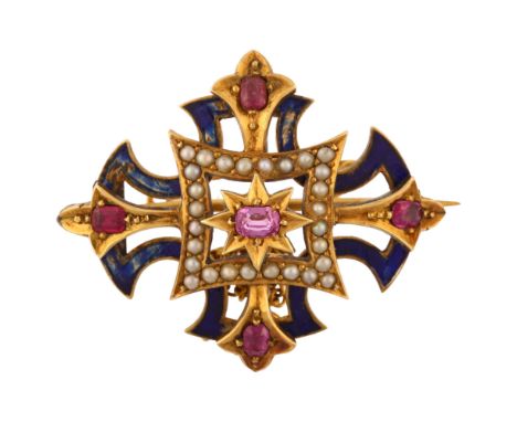 A 19th century ruby pearl and blue enamel quatrefoil Byzantine cross brooch, brooch length 32.1mm, 4.7gAll stones present, ha
