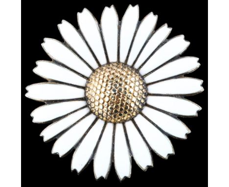 VIGGO PEDERSEN - a large Danish vermeil sterling silver and white enamel daisy pattern brooch, diameter 51.6mm, 26.7gNo damag