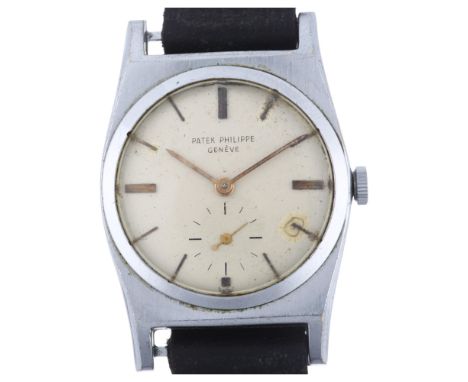 PATEK PHILIPPE - a Vintage chromium plated automatic wristwatch, circa 1960s, silvered dial with gilt-baton hour markers, sub