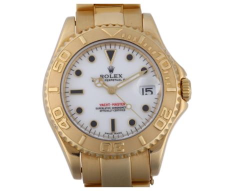 ROLEX - a mid-size 18ct gold Yacht-Master Date automatic bracelet watch, ref. 168628, circa 1999, white dial with black ename