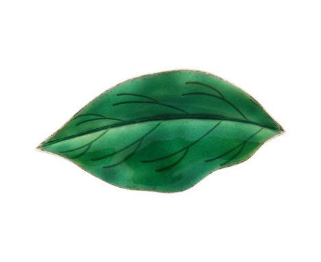 ANTON MICHELSEN - a Danish modernist sterling silver and green enamel leaf brooch, length 54.6mm, 8.6gNo damage or repair, no
