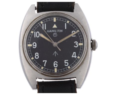 HAMILTON - a stainless steel British Military Issue mechanical wristwatch, ref. W10-6645-99 523-8290, circa 1976, black Triti