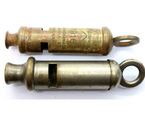 British Metropolitan trench whistle, marked for J Hudson &amp; Co and dated 1916 with broad arrow (possibly later), with a fu