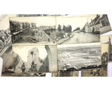 Postcards including French WWI bomb damaged property and South Lancs Volunteers 1903. P&amp;P Group 1 (£14+VAT for the first 