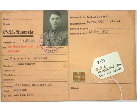 WWII German SA Membership Book. Nice stamps and photo. P&amp;P Group 1 (£14+VAT for the first lot and £1+VAT for subsequent l