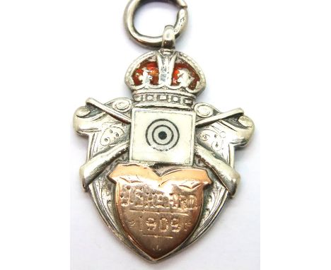 Silver gold and enamel rifle shooting medal/fob, marked J Sheard 1904. P&amp;P Group 1 (£14+VAT for the first lot and £1+VAT 