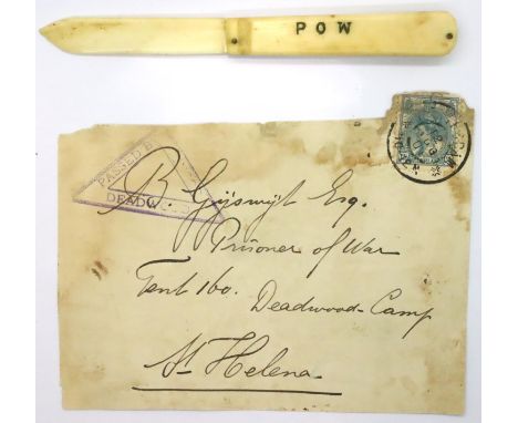 Boer War: Deadwood Camp of St Helena, an envelope addressed to POW B Gyswyth Esq, together with a carved bone folding letter 