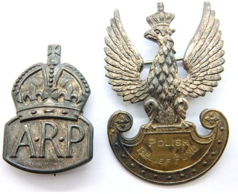 A white metal Polish relief fund badge and a silver ARP lapel pin.  P&amp;P Group 1 (£14+VAT for the first lot and £1+VAT for