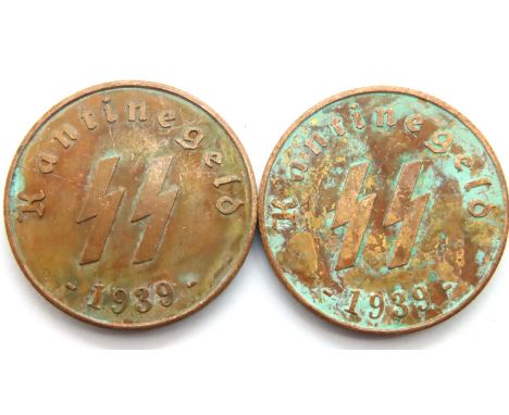 Two Waffen SS Brass Canteen Tokens. P&amp;P Group 1 (£14+VAT for the first lot and £1+VAT for subsequent lots) 