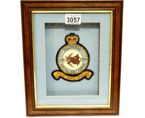 British RAF 144 Squadron bullion badge, set within a box frame. P&amp;P Group 2 (£18+VAT for the first lot and £3+VAT for sub