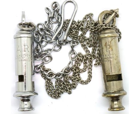Two ACME ARP whistles on chains. P&amp;P Group 1 (£14+VAT for the first lot and £1+VAT for subsequent lots) 