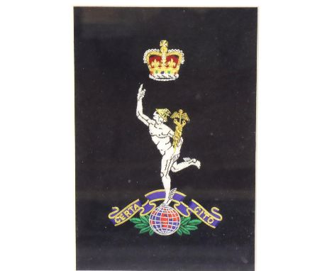 Royal Corps of Signals embroidered panel, framed, overall 35 x 43 cm. P&amp;P Group 3 (£25+VAT for the first lot and £5+VAT f