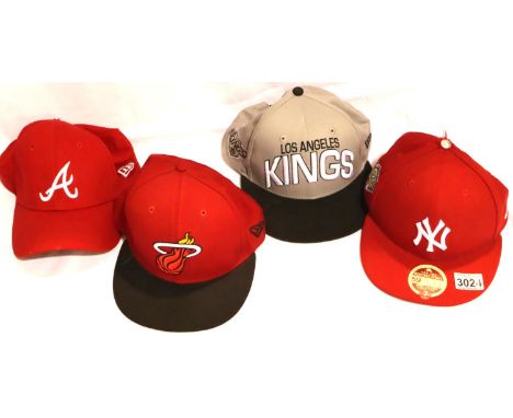 Four colourful American baseball caps to include a Spike Lee 1996 collection hat. P&amp;P Group 2 (£18+VAT for the first lot 