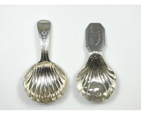 A George III silver bight cut caddy spoon, by William Bateman, London 1790, with shell bowl and another by John Lambe, London