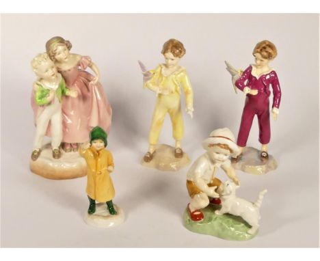 A group of five Royal Worcester figurines, modelled by F.G. Doughy, Sister, 3149, 2 x The Parakeet, 3087, two colourways, 1 A